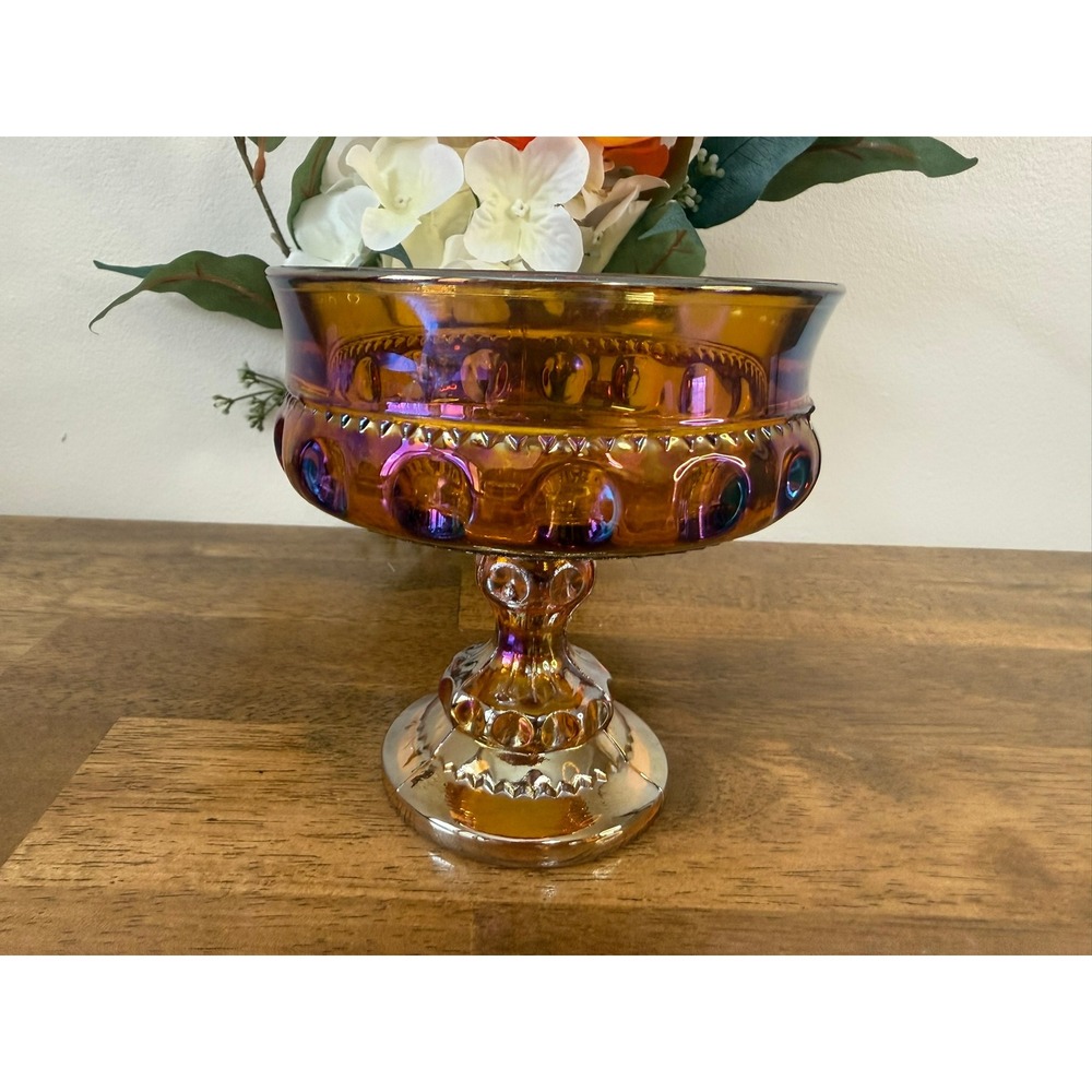 Vintage Indiana Glass Kings Crown Amber Carnival Glass Compote Gold Base Bowl
